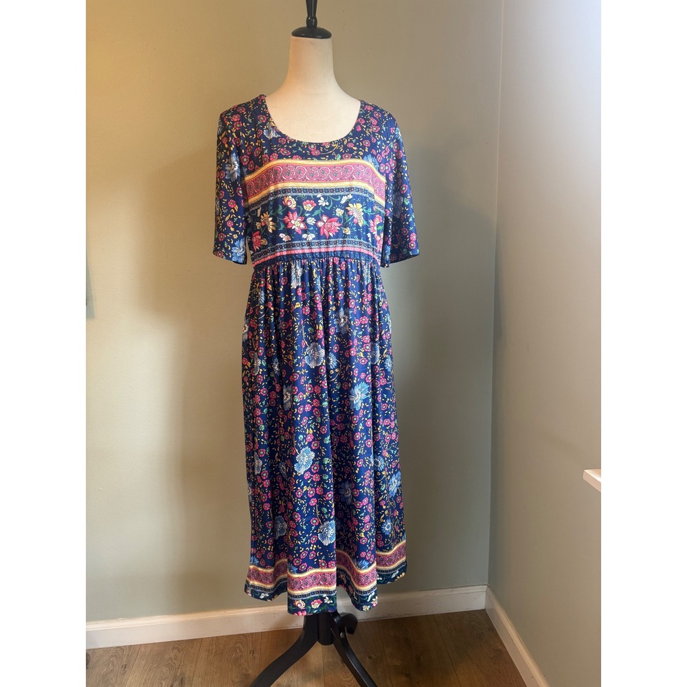 Blue Floral Midi Dress Short Sleeve Boho XL cottage resort dainty colorful daint